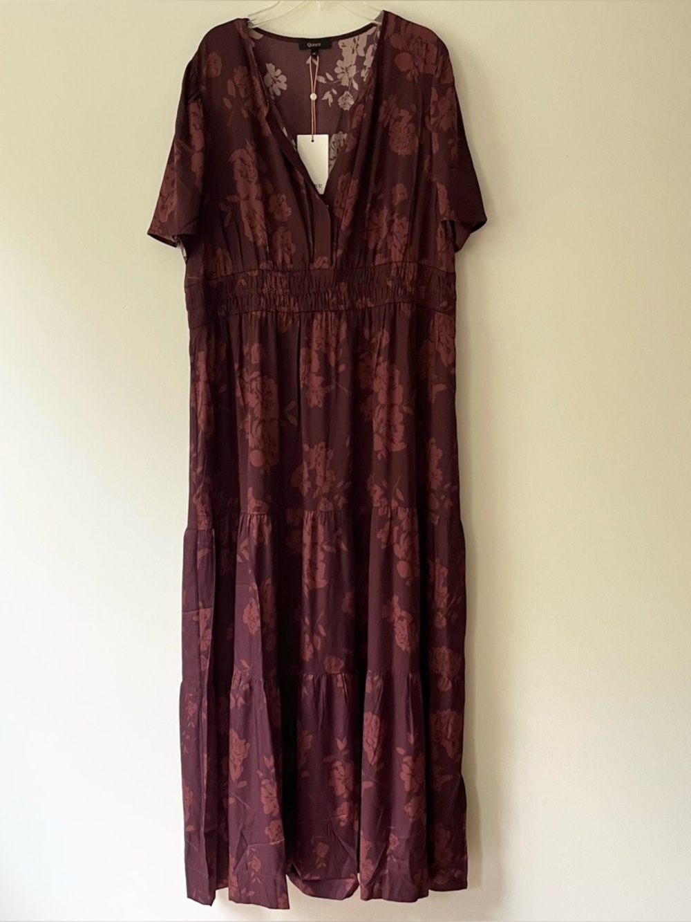 Quince Washable Silk Tiered Maxi Dress XL Burgundy Floral Wedding Guest NEW - Picture 4 of 10